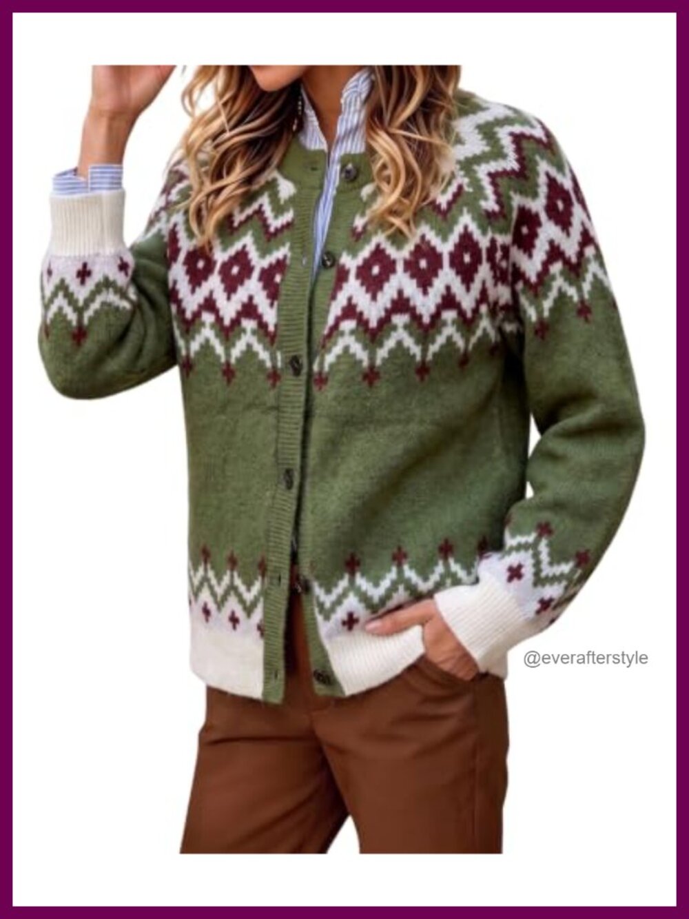 Fair Isle Button Front Knit Cardigan Long Sleeve Crew Neck Casual Sweater